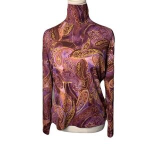 St. John Sport Small Purple Paisley Stretchy Long Sleeve Luxury Turtleneck Top